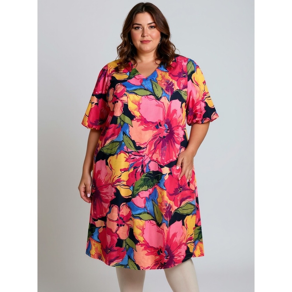 Chico's Floral Puff Sleeve V-Neck Midi Dress Pink Orange Plus Size 4 US‎ 20